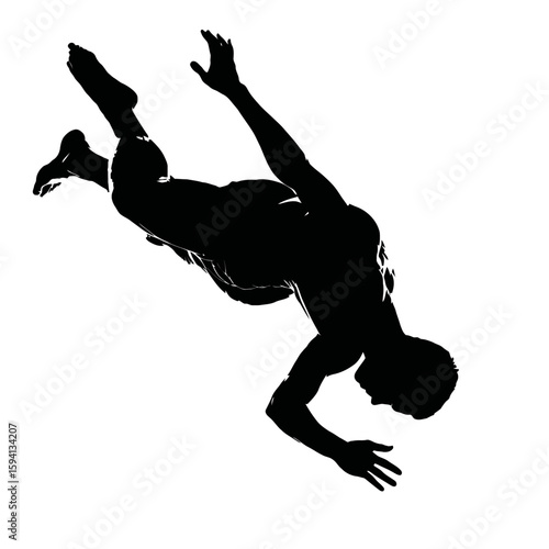 Silhouette of a Gymnast Flipping Backwards Mid-Air – Dynamic Pose on White Background

