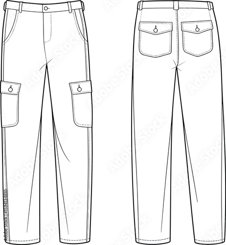 Cargo pants fashion sketch, front and back view with panel lines and pocket layout, cad drawing flat vector illustration, garment design