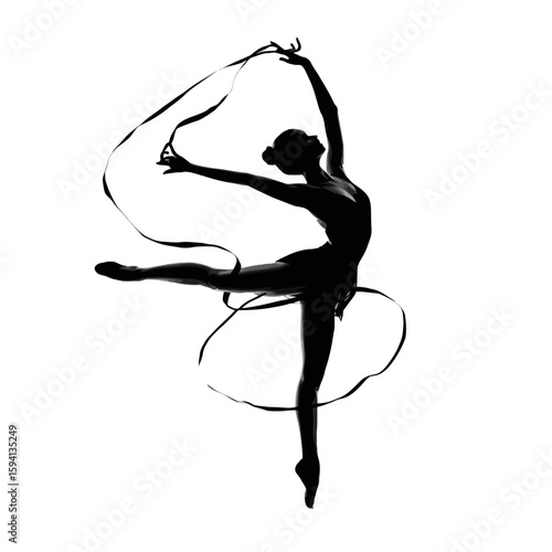 Silhouette of a Rhythmic Gymnast Twirling a Ribbon – Graceful Pose on White Background

