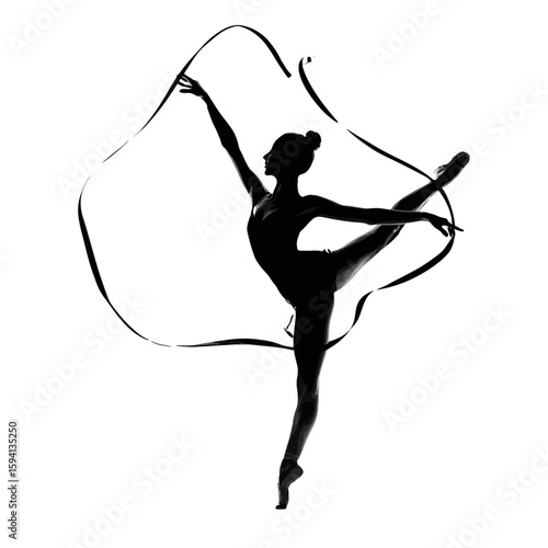 Silhouette of a Rhythmic Gymnast Twirling a Ribbon – Graceful Pose on White Background

