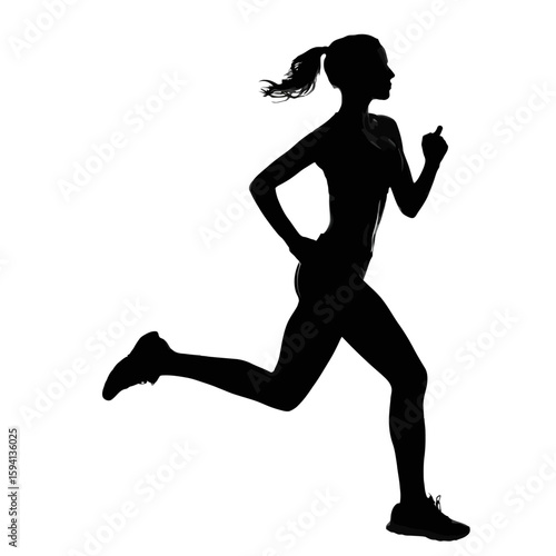 Silhouette of a Woman Running with Ponytail Swinging – Isolated on White Background

