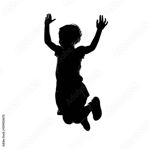 Silhouette of Child Jumping with Joy, Arms Raised – Isolated on White Background


