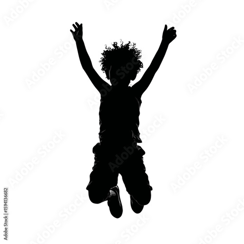 Silhouette of Child Jumping with Joy, Arms Raised – Isolated on White Background

