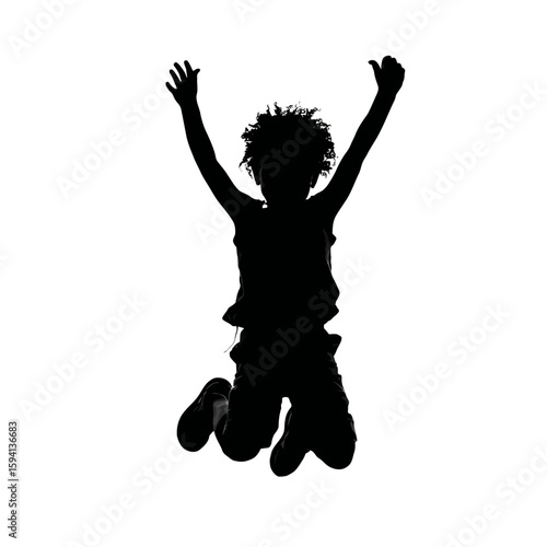 Silhouette of Child Jumping with Joy, Arms Raised – Isolated on White Background

