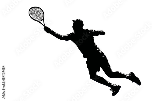 Tennis Player in Mid-Swing with Racket – Black Silhouette on White Background

