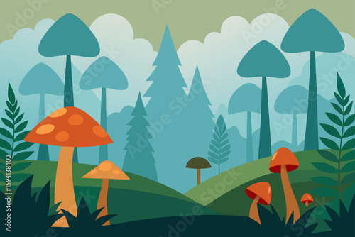 Forest Glade With Mushrooms Ferns And Morning Haze