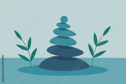 Minimalist Stones Stacked By Water Under Leafy Branch Scene