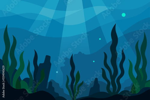 Underwater Kelp Forest Scene With Light Shafts And Bubbles