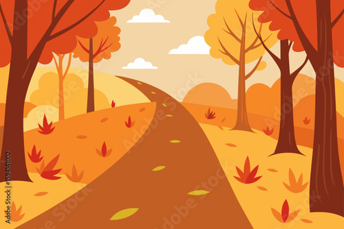 Woodland Path In Autumn With Falling Leaves And Wind
