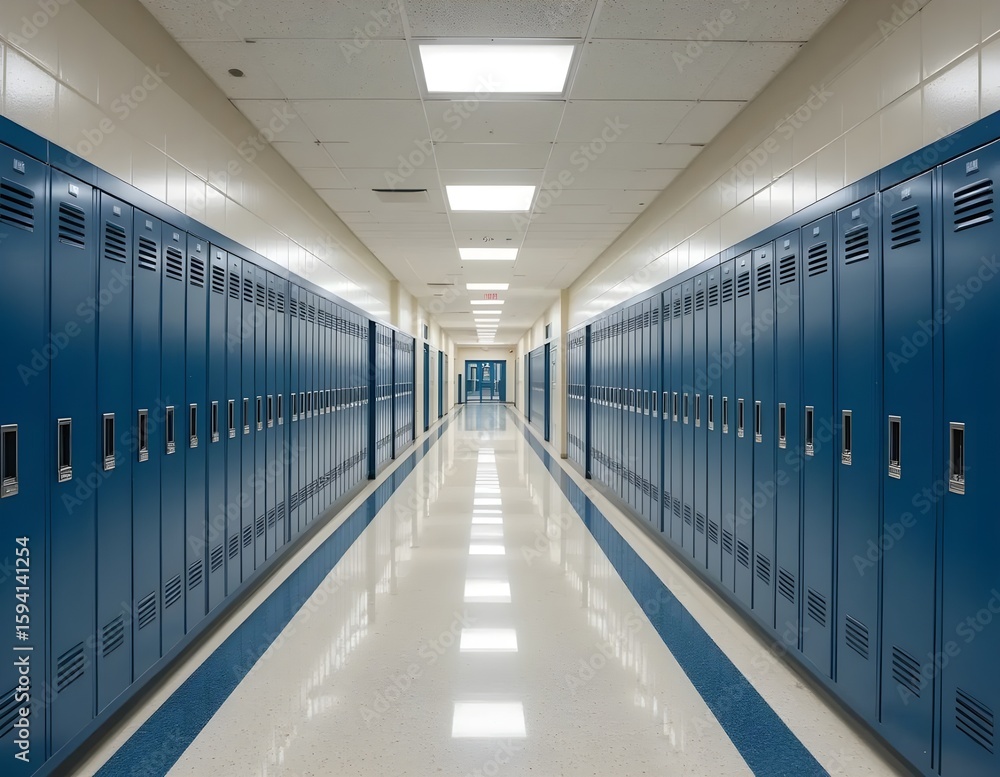 Fototapeta premium A clean, empty school hallway stretches into the distance, lined with rows of identical gray lockers and bright ceiling lights. The polished floor reflects the symmetry and quietness.