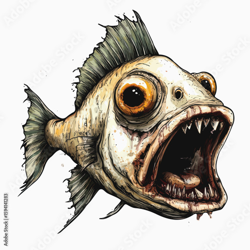 Quirky Bug-Eyed Fish Head Illustration with Exaggerated Features. Humorous Sea Creature Portrait
