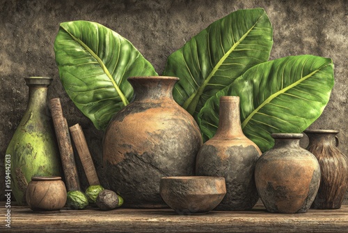 Rustic earthenware vessels & tropical leaves on wooden shelf