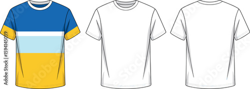 T-shirt front and back sketch, colorful striped and plain version layout, casual fashion wear, cad drawing flat vector illustration, template