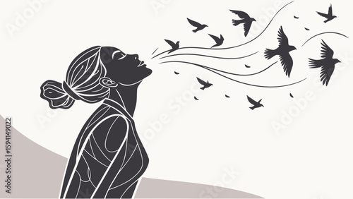 Abstract silhouette of a woman releasing birds from her chest