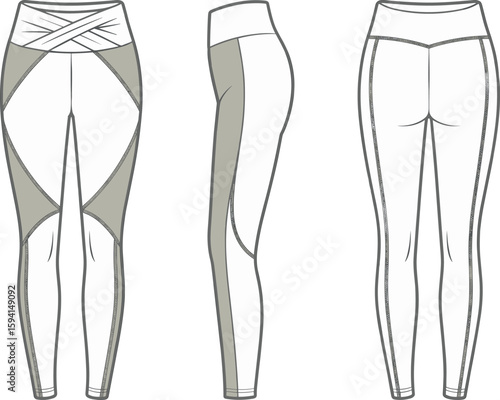 Yoga leggings front, side, back sketch with panel lines, crisscross waistband, cad drawing flat vector illustration, activewear fashion template