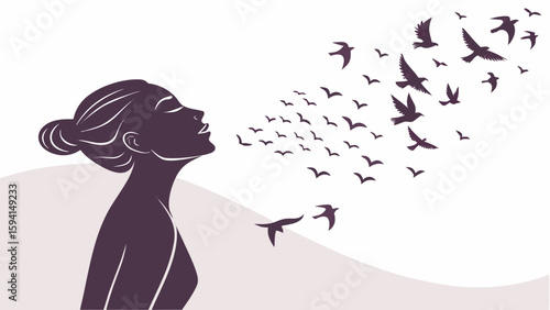 Abstract silhouette of a woman releasing birds from her chest