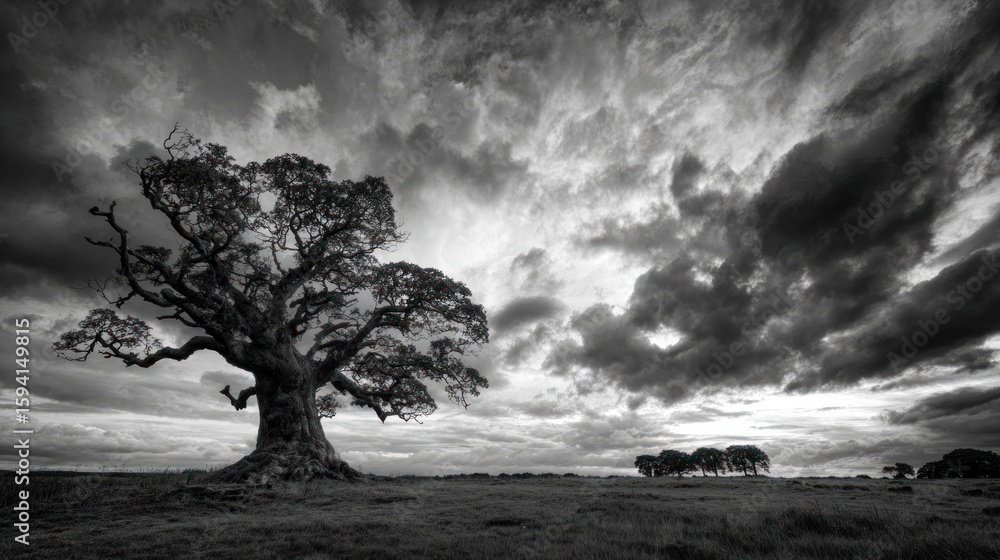 Obraz premium A solitary tree stands in a vast field beneath a dramatic sky