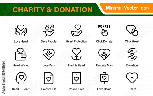 Charity and donation icon set. charity and donation icon set, Help, volunteer, donated assistance, sharing, and solidarity symbol. Outline icons  collection.