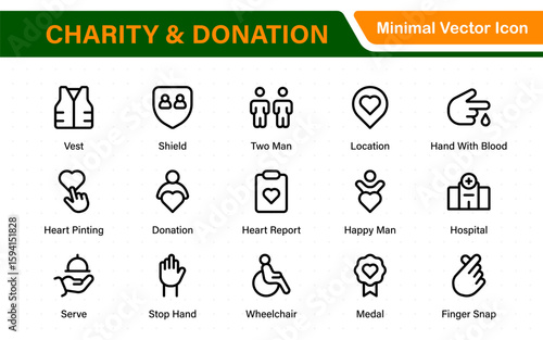 Charity and donation icon set. charity and donation icon set, Help, volunteer, donated assistance, sharing, and solidarity symbol. Outline icons  collection.