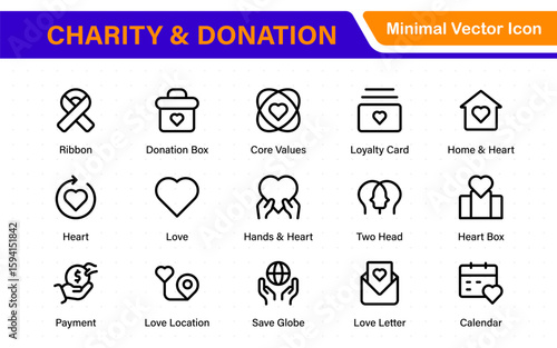 Charity and donation icon set. charity and donation icon set, Help, volunteer, donated assistance, sharing, and solidarity symbol. Outline icons  collection.