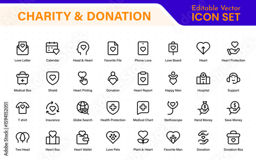 Charity and donation icon set. charity and donation icon set, Help, volunteer, donated assistance, sharing, and solidarity symbol. Outline icons  collection.