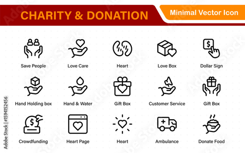 Charity and donation icon set. charity and donation icon set, Help, volunteer, donated assistance, sharing, and solidarity symbol. Outline icons  collection.