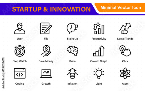 Startup and innovation line icons pack. Editable stroke, scalable symbols, modern collection.