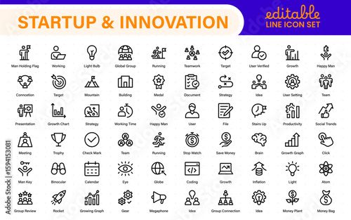 Startup and innovation line icons pack. Editable stroke, scalable symbols, modern collection.