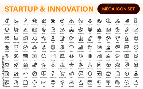 Startup and innovation line icons pack. Editable stroke, scalable symbols, modern collection.
