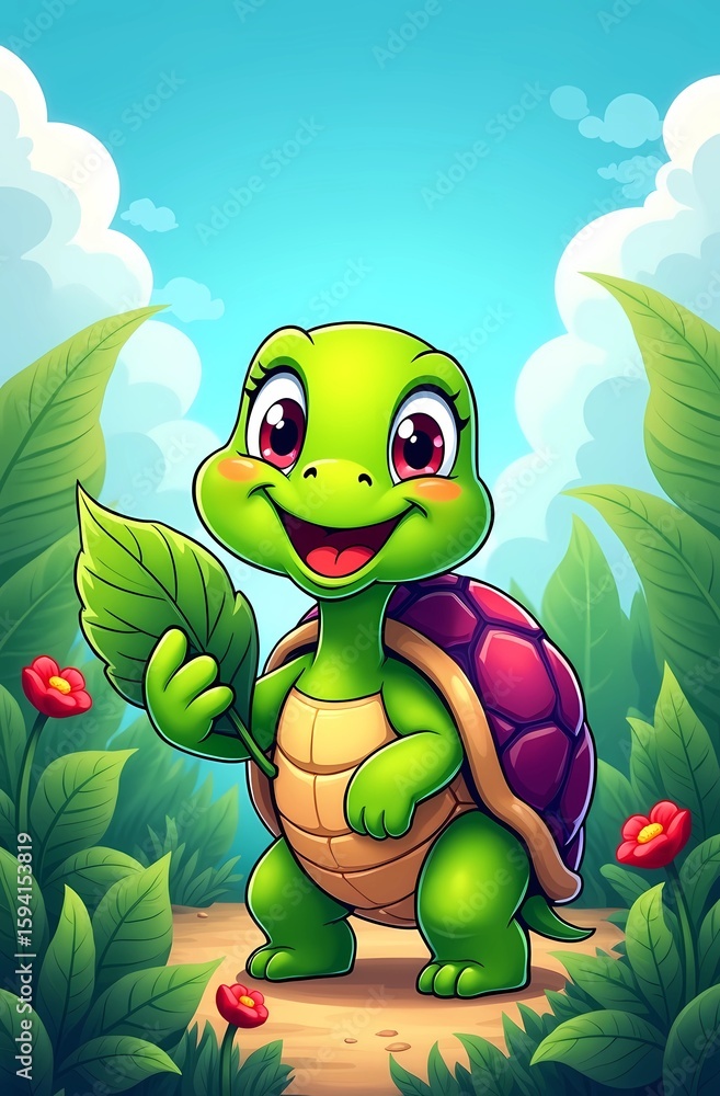 Fototapeta premium A cartoon turtle in a natural setting.