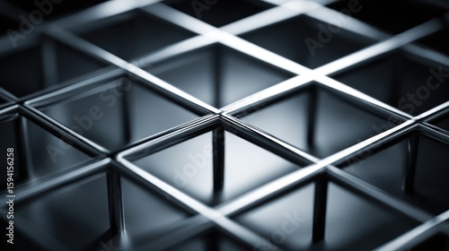 Abstract square grid made of polished metal rods  with shallow depth of field