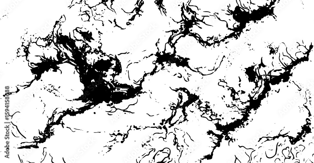 Naklejka premium An abstract monochrome design features bold, irregular black shapes scattered across a clean white canvas, creating a visually striking and dynamic textured effect across the entire plane