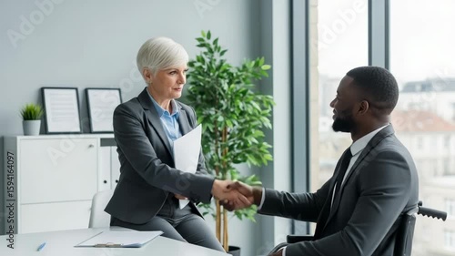 A diverse business meeting where a smiling woman shakes hands with a man in a wheelchair, symbolizing inclusion and opportunity