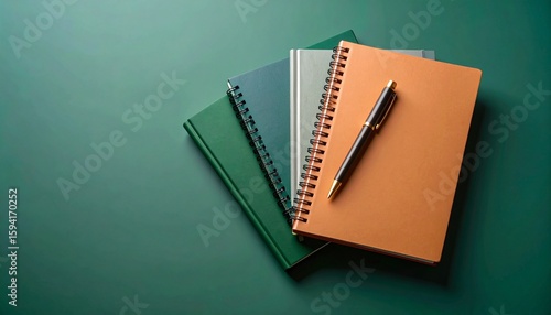 Colorful notebooks with pen stacked on green background for school or office use