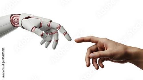 Artificial intelligence robot hand touching human finger technology connection concept on transparent background