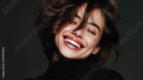 Smiling woman laughter levity happiness joy with tousled hair and radiant smile showing pure joy and happiness closeup face