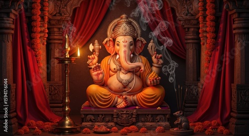 A ganesha statue with smoke and candles in a temple