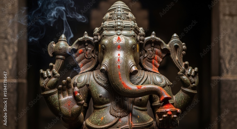 Fototapeta premium Ancient statue of the hindu god ganesha with smoke and red accents