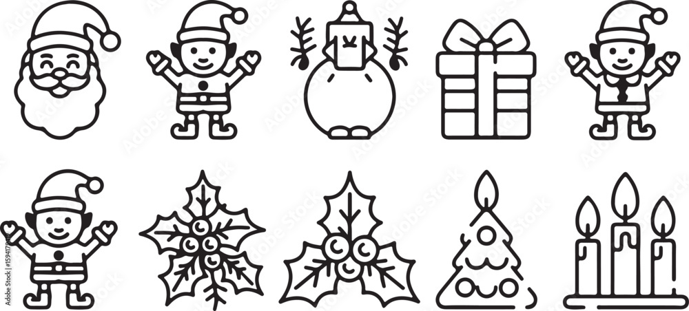 Fototapeta premium Minimalist Christmas Icons Set in Black and White featuring an elf snowman gift holly and Christmas tree perfect for holiday designs and festive decorations