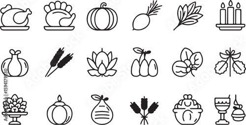 Collection of various harvest themed icons in a simple outline style including a turkey pumpkin turnip leaf asparagus lotus eggs duck gourd and wheat