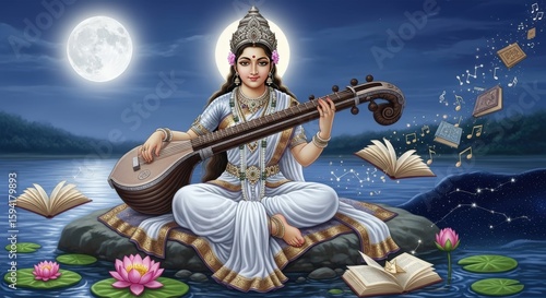 Goddess saraswati playing veena on a moonlit night