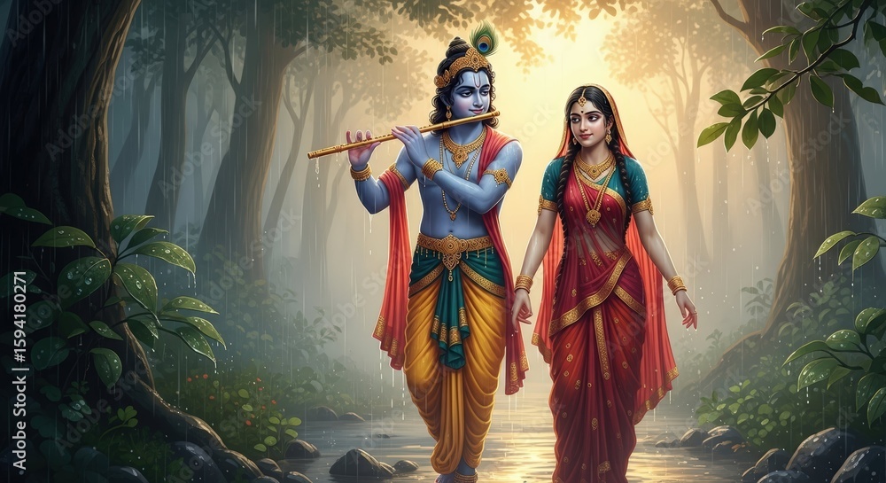 Fototapeta premium Krishna and radha walk together in a serene forest