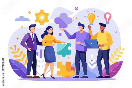 Diverse team collaborating on a project with puzzle pieces and lightbulb ideas