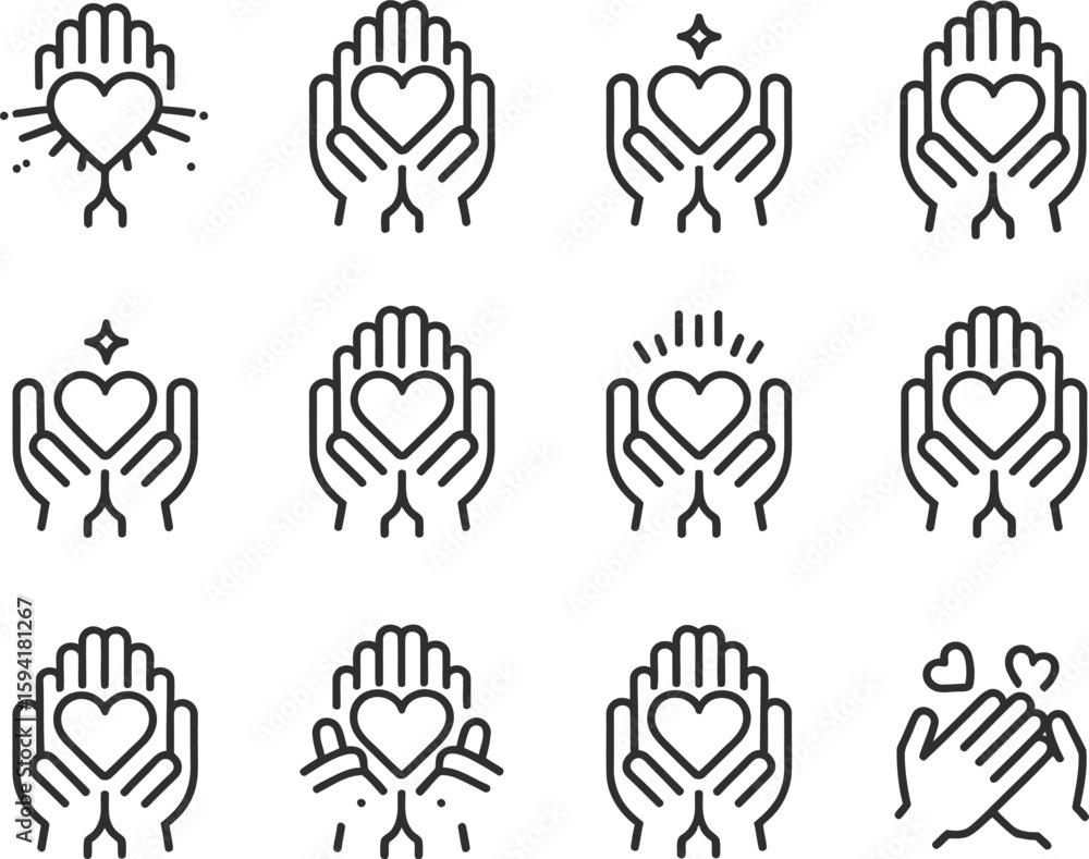 Fototapeta premium Hands holding heart icons showcase love, care, and support in a minimalist line art style.