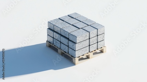 Stacked concrete blocks on a wooden pallet in a minimalistic outdoor setting during daylight