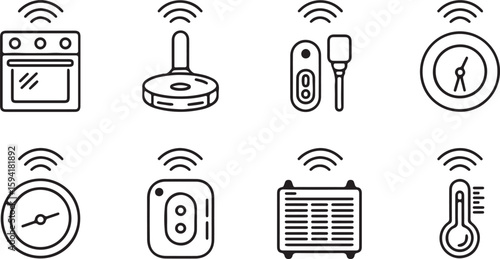 Set of smart home device icons in outline style including a robot vacuum remote control smart switch and air purifier all with wifi signal symbols
