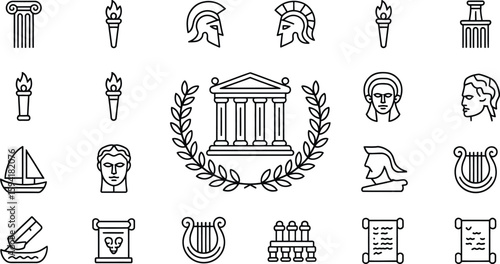 Ancient Greece icons showcase classic symbols of history and culture in a simple line art style.