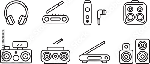 Collection of retro audio equipment icons in outline style including cassette player boombox headphones and portable radio isolated on white background for design elements