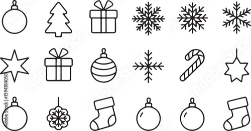 Simple Christmas Icon Set in Black and White Outline Style Featuring Tree Gift Snowflake Ornament Stocking and Candy Cane for Holiday Design Projects