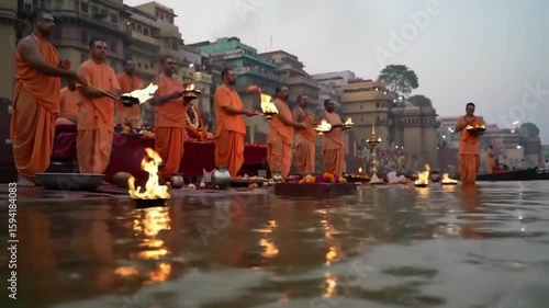 Early morning at Varanasi ghats — priests performing Ganga Aarti, flickering flames, chanting sounds, river flowing peacefully, saffron robes glowing in sunlight